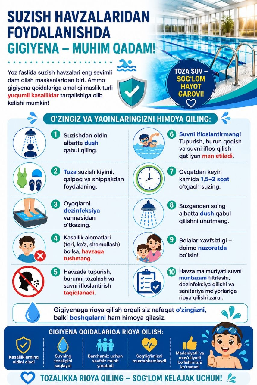 🏊‍♂️ Suzish havzalaridan foydalanishda gigiyena – muhim qadam!