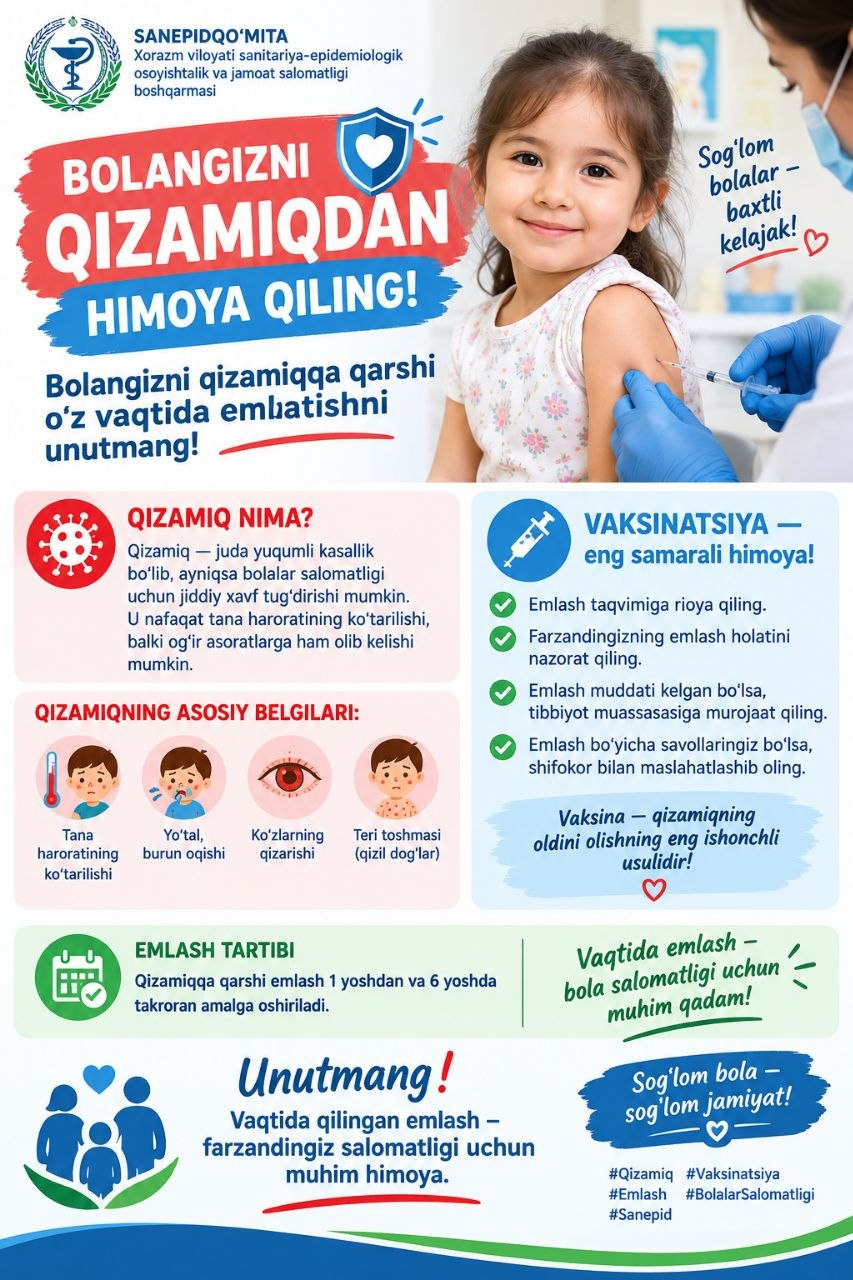 Bolangizni qizamiqqa vaqtida emlatishni unutmang!