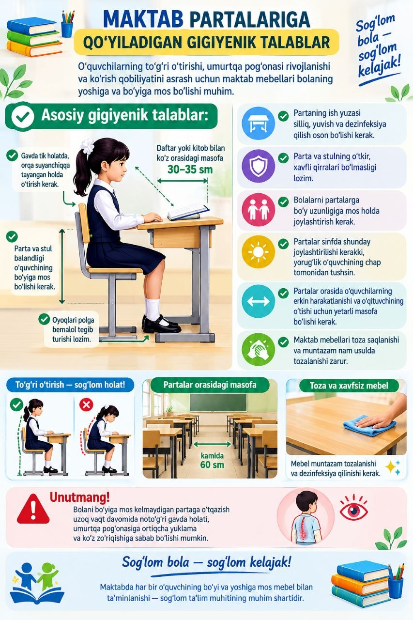 Maktab partalariga qo‘yiladigan gigiyenik talablar